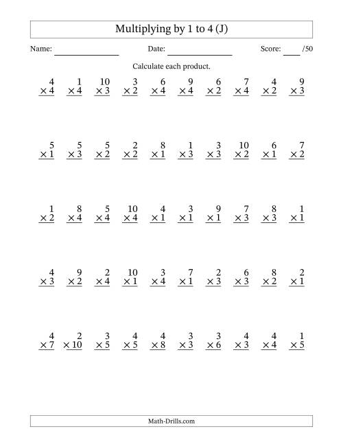 The Multiplying (1 to 10) by 1 to 4 (50 Questions) (J) Math Worksheet