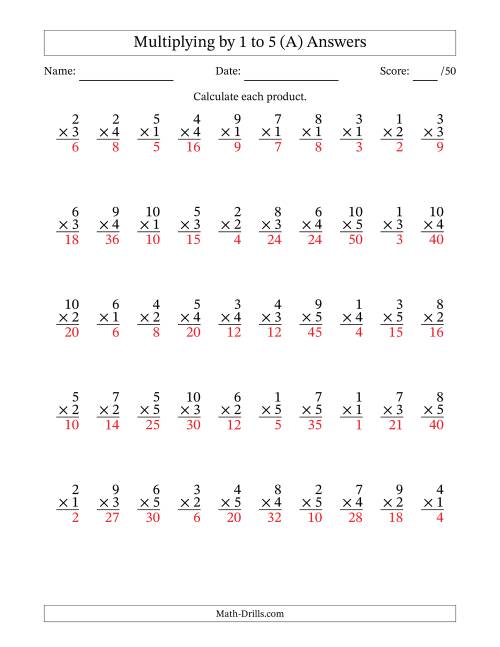 The Multiplying (1 to 10) by 1 to 5 (50 Questions) (A) Math Worksheet Page 2