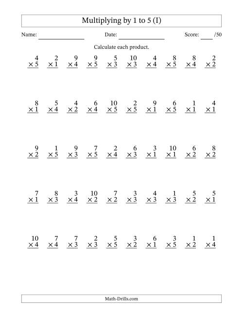 The Multiplying (1 to 10) by 1 to 5 (50 Questions) (I) Math Worksheet