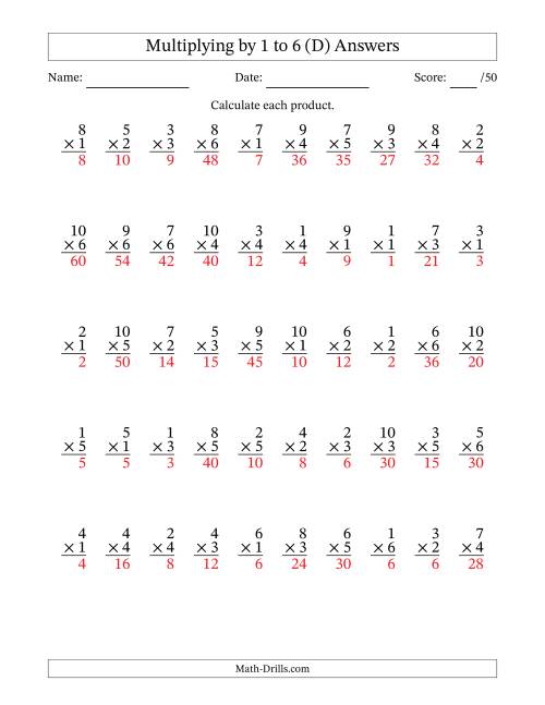 The Multiplying (1 to 10) by 1 to 6 (50 Questions) (D) Math Worksheet Page 2