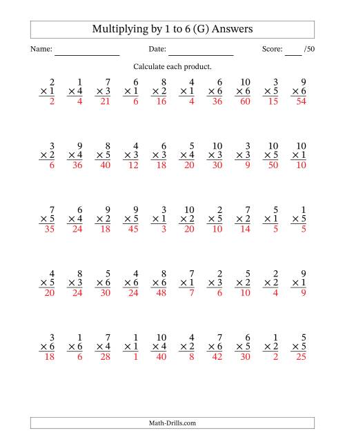The Multiplying (1 to 10) by 1 to 6 (50 Questions) (G) Math Worksheet Page 2