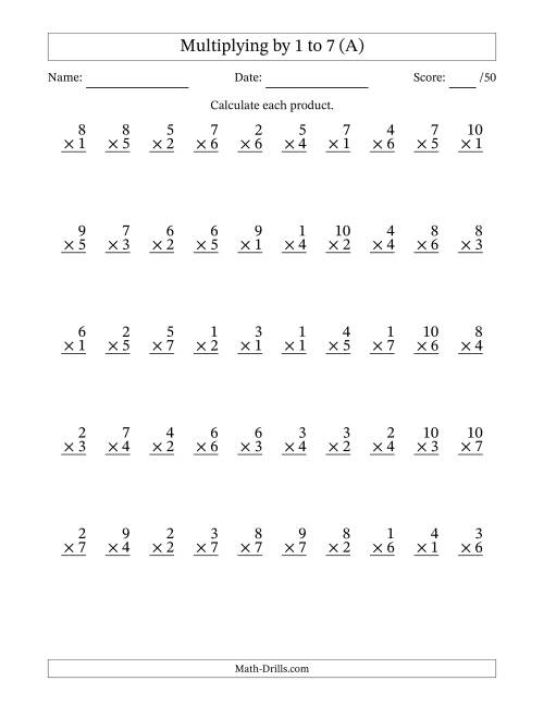 The Multiplying (1 to 10) by 1 to 7 (50 Questions) (A) Math Worksheet