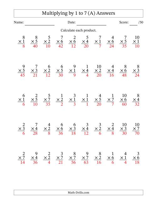The Multiplying (1 to 10) by 1 to 7 (50 Questions) (A) Math Worksheet Page 2