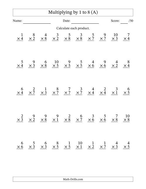 The Multiplying (1 to 10) by 1 to 8 (50 Questions) (A) Math Worksheet