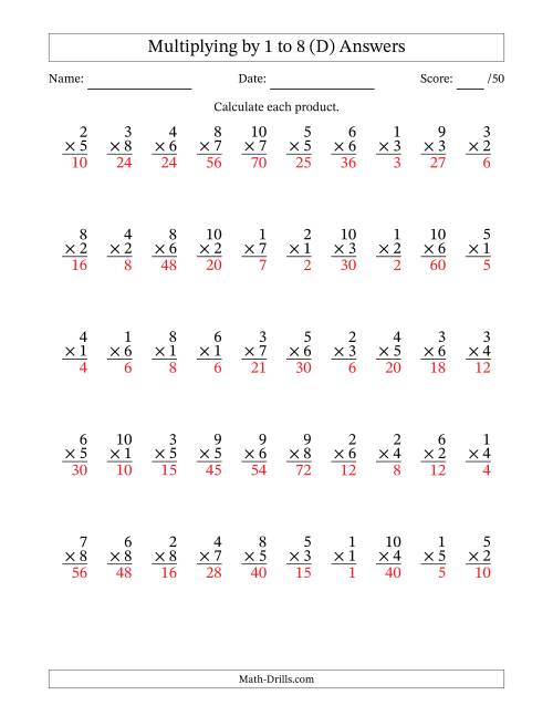 The Multiplying (1 to 10) by 1 to 8 (50 Questions) (D) Math Worksheet Page 2