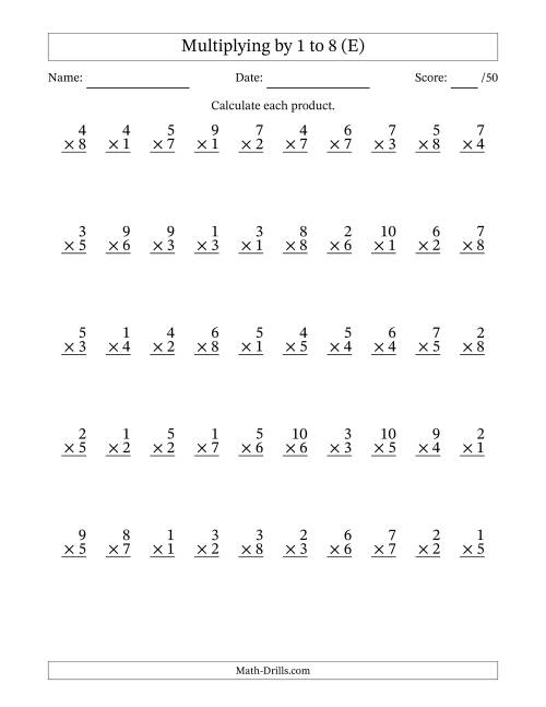 The Multiplying (1 to 10) by 1 to 8 (50 Questions) (E) Math Worksheet