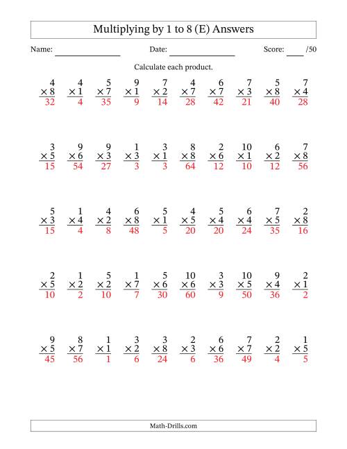 The Multiplying (1 to 10) by 1 to 8 (50 Questions) (E) Math Worksheet Page 2