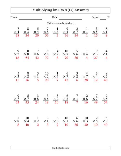 The Multiplying (1 to 10) by 1 to 8 (50 Questions) (G) Math Worksheet Page 2