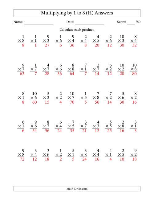 The Multiplying (1 to 10) by 1 to 8 (50 Questions) (H) Math Worksheet Page 2
