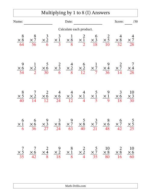 The Multiplying (1 to 10) by 1 to 8 (50 Questions) (I) Math Worksheet Page 2