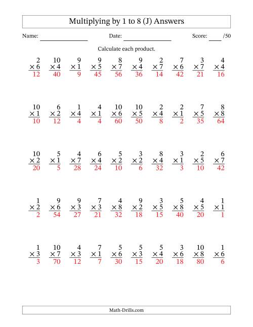 The Multiplying (1 to 10) by 1 to 8 (50 Questions) (J) Math Worksheet Page 2