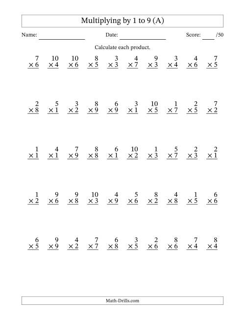 The Multiplying (1 to 10) by 1 to 9 (50 Questions) (A) Math Worksheet