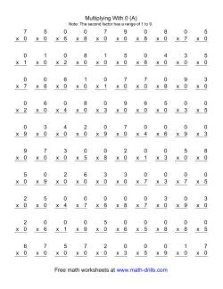 100 Vertical Questions -- Multiplication Facts -- 0 by 1-9