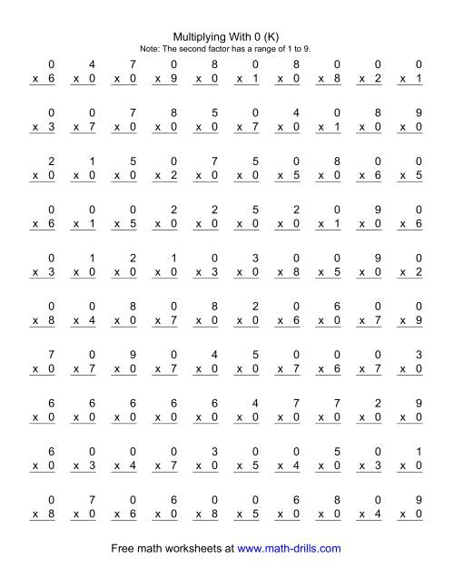 The 100 Vertical Questions -- Multiplication Facts -- 0 by 1-9 (K) Math Worksheet