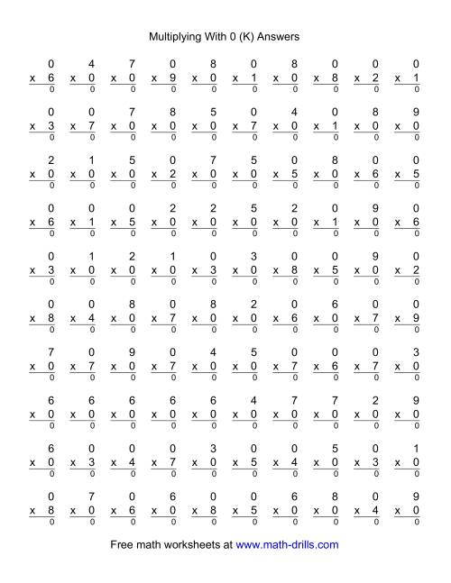 The 100 Vertical Questions -- Multiplication Facts -- 0 by 1-9 (K) Math Worksheet Page 2