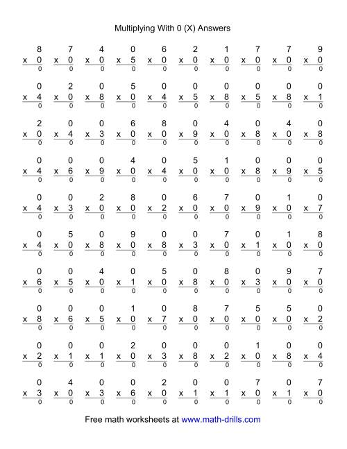 The 100 Vertical Questions -- Multiplication Facts -- 0 by 1-9 (X) Math Worksheet Page 2