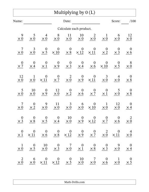The Multiplying (1 to 12) by 0 (100 Questions) (L) Math Worksheet