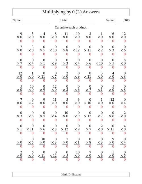 The Multiplying (1 to 12) by 0 (100 Questions) (L) Math Worksheet Page 2