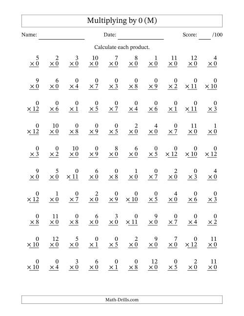 The Multiplying (1 to 12) by 0 (100 Questions) (M) Math Worksheet