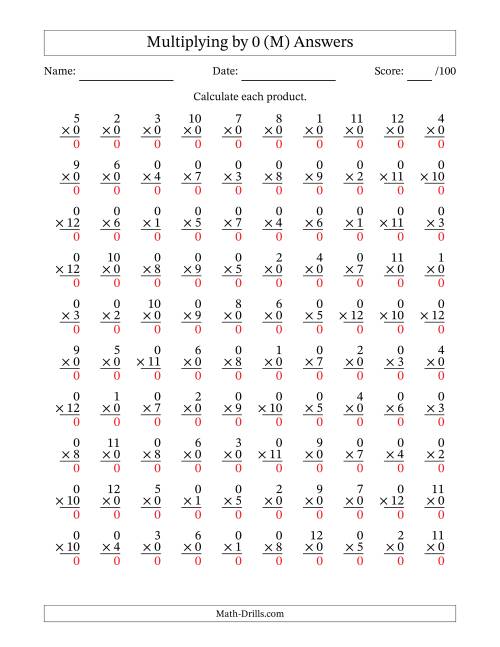 The Multiplying (1 to 12) by 0 (100 Questions) (M) Math Worksheet Page 2