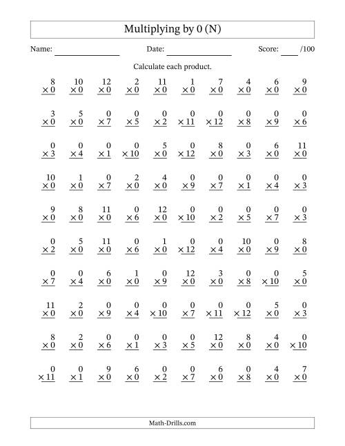 The Multiplying (1 to 12) by 0 (100 Questions) (N) Math Worksheet