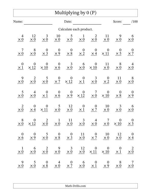 The Multiplying (1 to 12) by 0 (100 Questions) (P) Math Worksheet