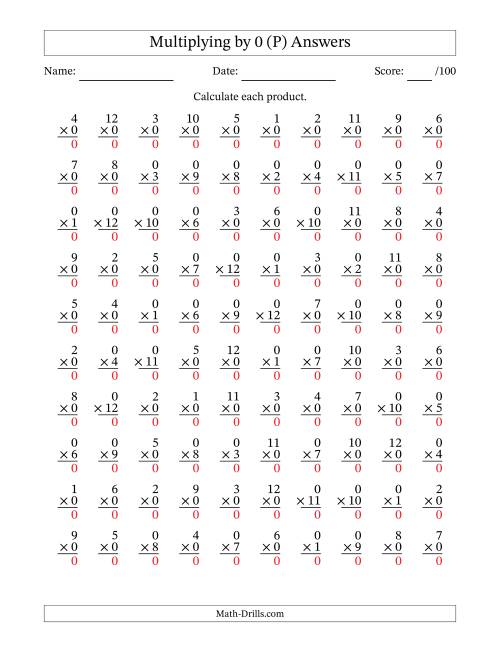 The Multiplying (1 to 12) by 0 (100 Questions) (P) Math Worksheet Page 2