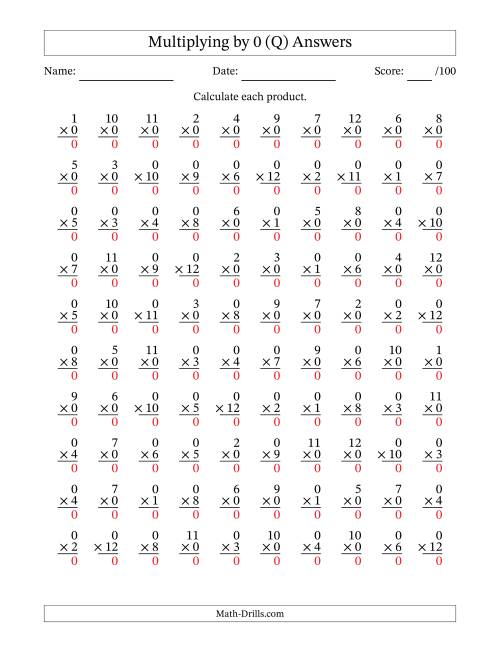 The Multiplying (1 to 12) by 0 (100 Questions) (Q) Math Worksheet Page 2
