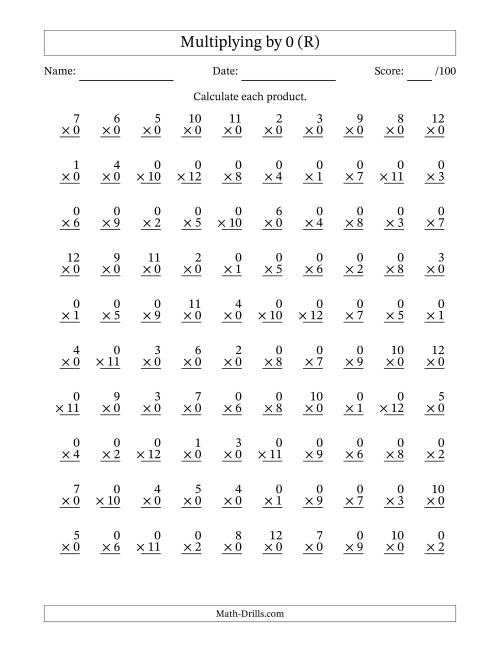 The Multiplying (1 to 12) by 0 (100 Questions) (R) Math Worksheet