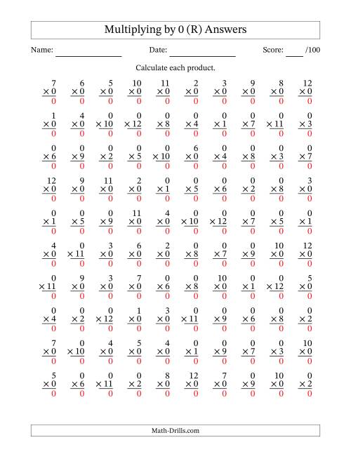 The Multiplying (1 to 12) by 0 (100 Questions) (R) Math Worksheet Page 2