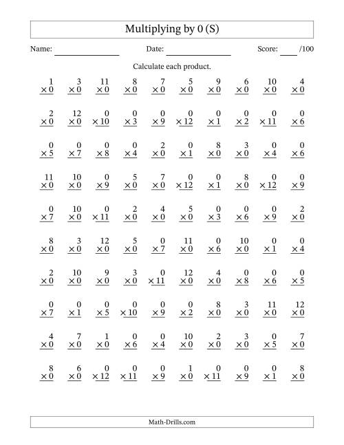 The Multiplying (1 to 12) by 0 (100 Questions) (S) Math Worksheet