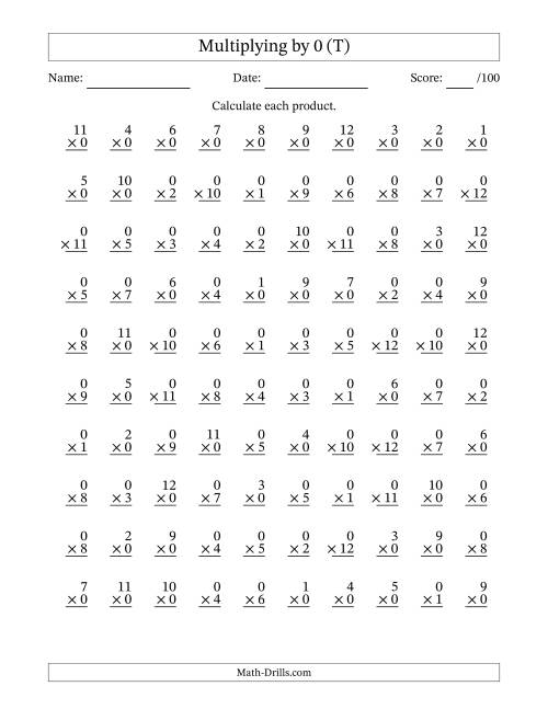 The Multiplying (1 to 12) by 0 (100 Questions) (T) Math Worksheet
