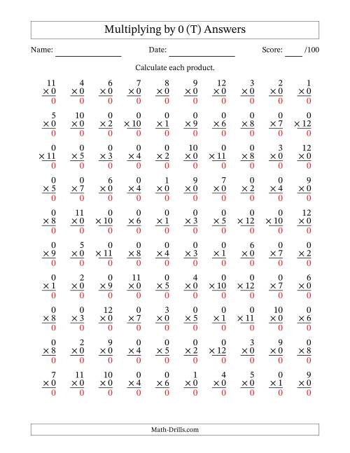 The Multiplying (1 to 12) by 0 (100 Questions) (T) Math Worksheet Page 2