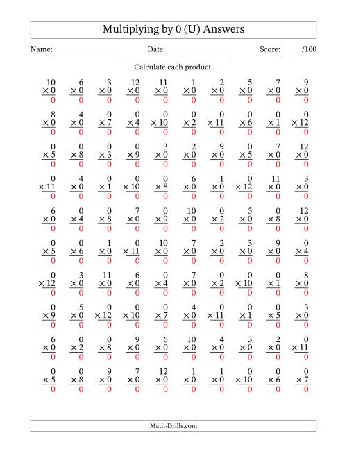 The Multiplying (1 to 12) by 0 (100 Questions) (U) Math Worksheet Page 2