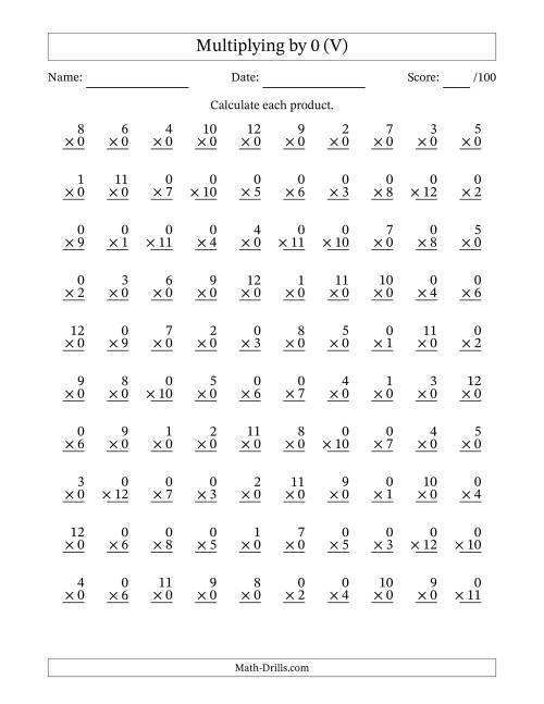 The Multiplying (1 to 12) by 0 (100 Questions) (V) Math Worksheet