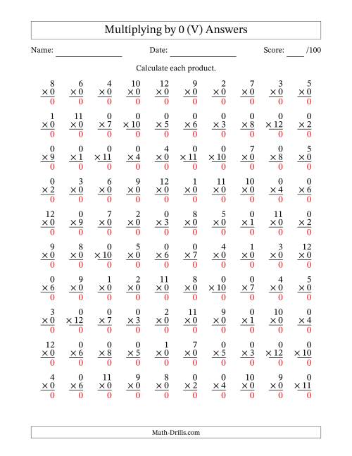 The Multiplying (1 to 12) by 0 (100 Questions) (V) Math Worksheet Page 2