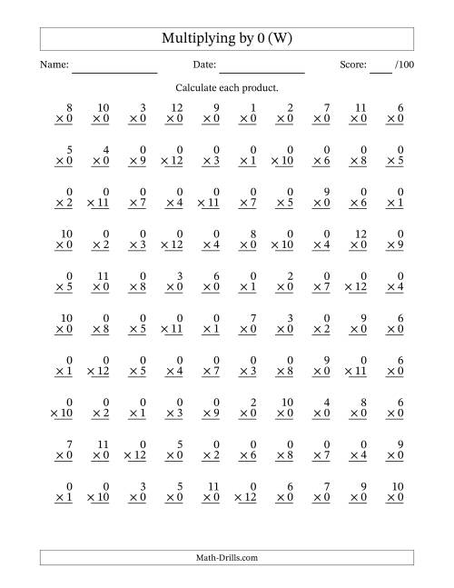 The Multiplying (1 to 12) by 0 (100 Questions) (W) Math Worksheet