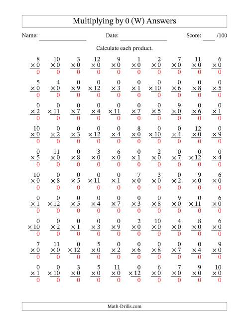 The Multiplying (1 to 12) by 0 (100 Questions) (W) Math Worksheet Page 2
