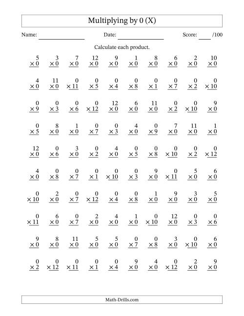 The Multiplying (1 to 12) by 0 (100 Questions) (X) Math Worksheet