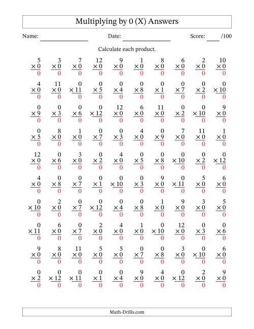 The Multiplying (1 to 12) by 0 (100 Questions) (X) Math Worksheet Page 2