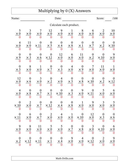 multiplying by zero 0 with factors 1 to 12 100 questions x