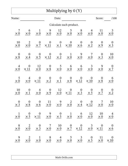 The Multiplying (1 to 12) by 0 (100 Questions) (Y) Math Worksheet