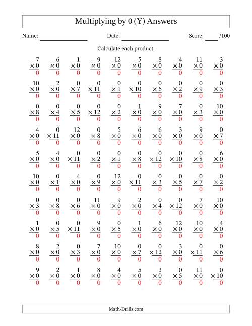 The Multiplying (1 to 12) by 0 (100 Questions) (Y) Math Worksheet Page 2