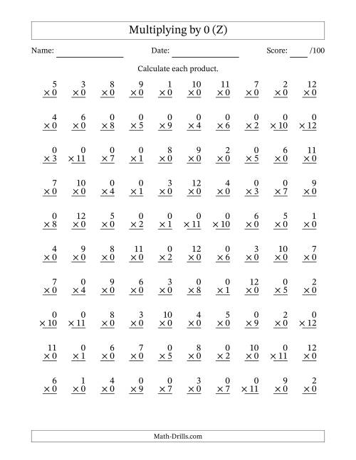 The Multiplying (1 to 12) by 0 (100 Questions) (Z) Math Worksheet