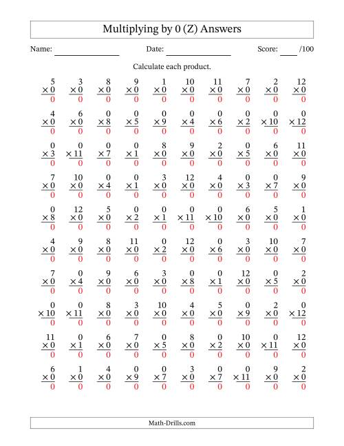 The Multiplying (1 to 12) by 0 (100 Questions) (Z) Math Worksheet Page 2