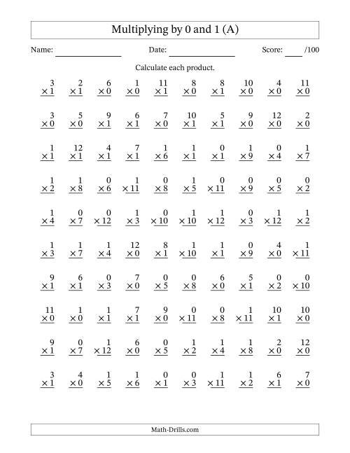The Multiplying (1 to 12) by 0 and 1 (100 Questions) (A) Math Worksheet