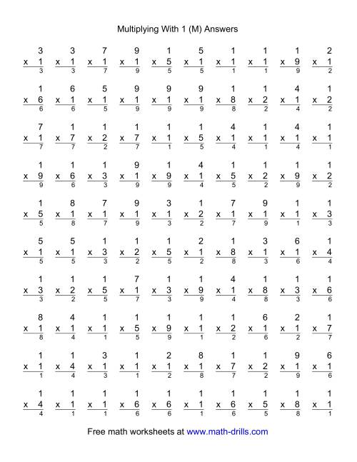 The 100 Vertical Questions -- Multiplication Facts -- 1 by 1-9 (M) Math Worksheet Page 2