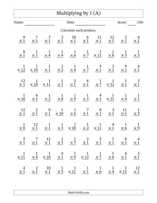 The Multiplying (1 to 12) by 1 (100 Questions) (A) Math Worksheet
