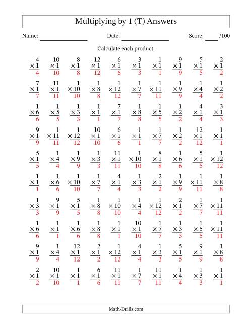 The Multiplying (1 to 12) by 1 (100 Questions) (T) Math Worksheet Page 2
