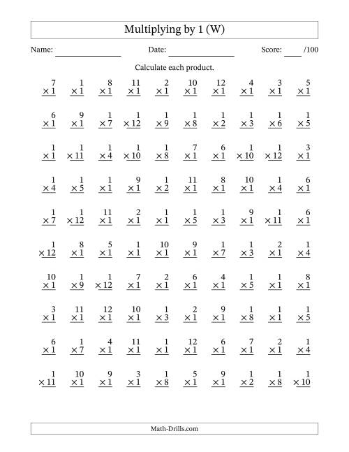 The Multiplying (1 to 12) by 1 (100 Questions) (W) Math Worksheet